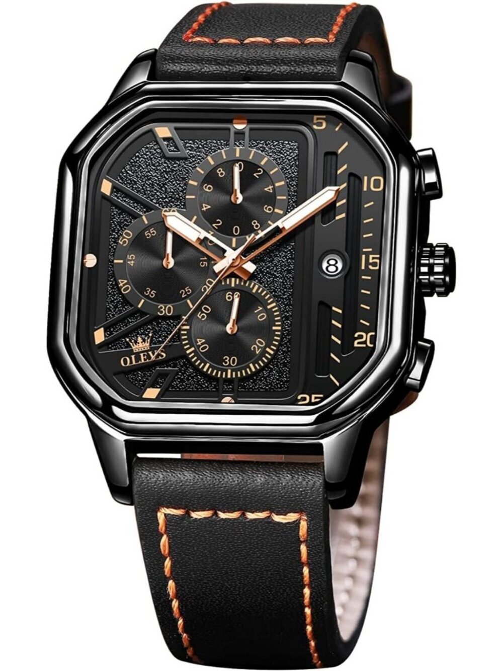 Men's Black Quartz Leather Strap Waterproof Casual Trendy Square Dial Watch